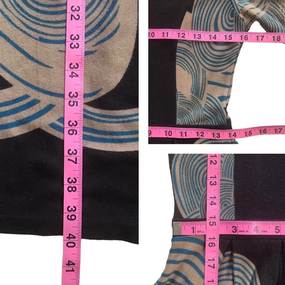 REBORN Boho Swirls Dress Pockets Size L Black Blue Art Deco 3/4 Sleeves Comfy